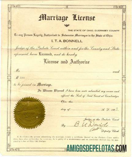 Certidão de casamento do condado de Guernsey nos EUA, Ohio exemplo